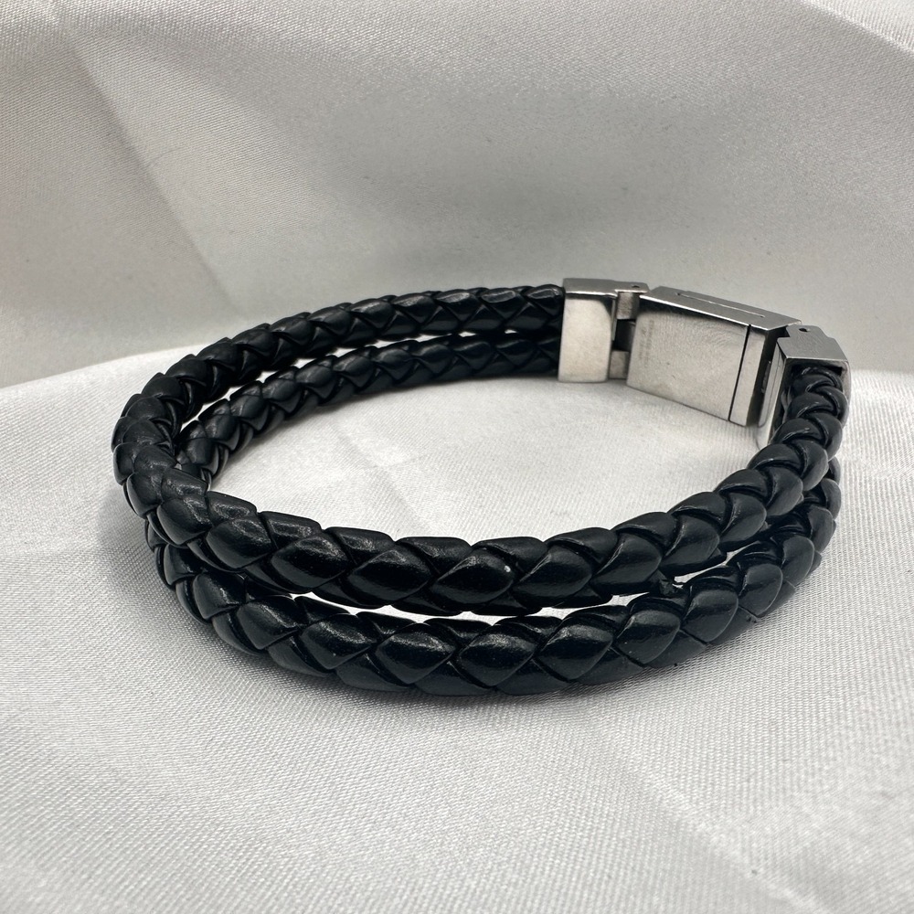 Vintage Y2K Black Double Strand Leather Braided Bracelet Silver Tone Jewelry